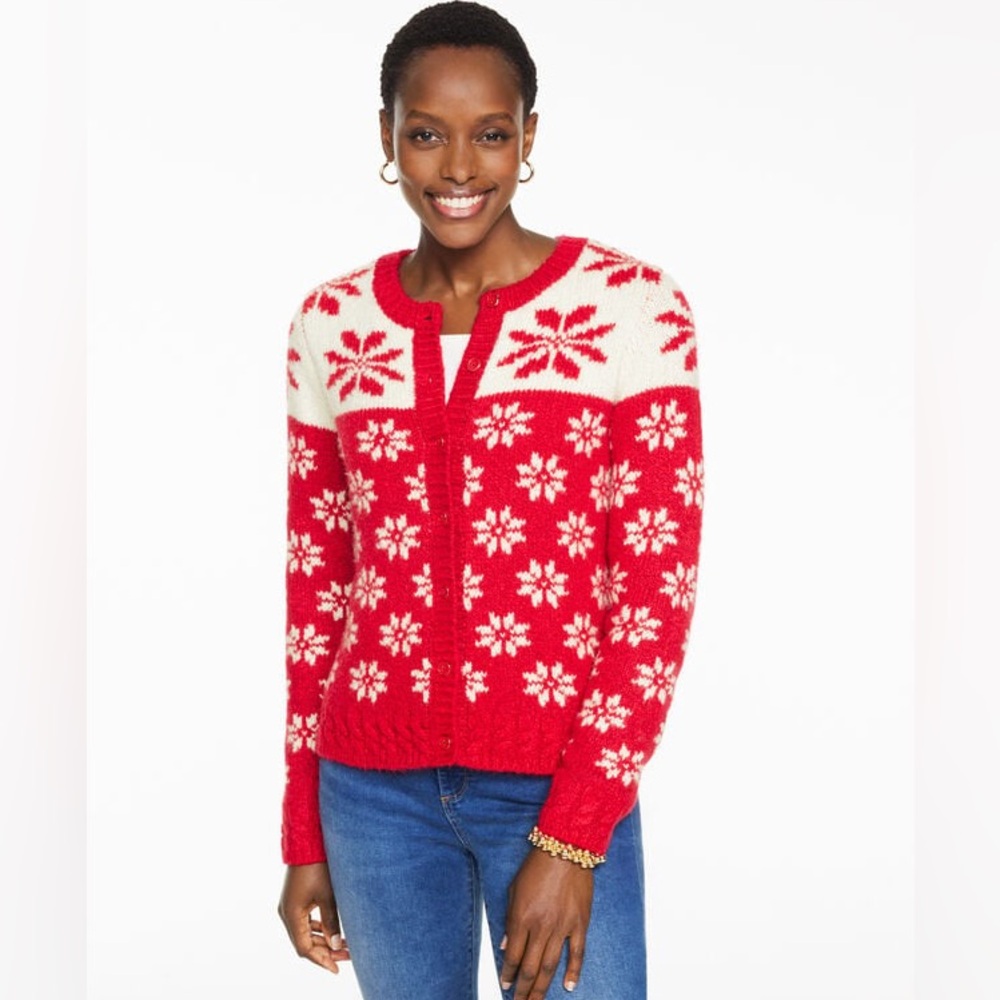 Talbots CREWNECK CARDIGAN - SNOWFLAKE FAIR ISLE ‎ POP/IVORY MULTI M Medium